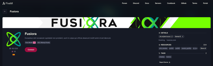 Page du serveur FiveM — le code cfx.re/join se trouve sous Détails