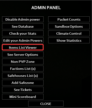 Admin Panel with the Items List Viewer button